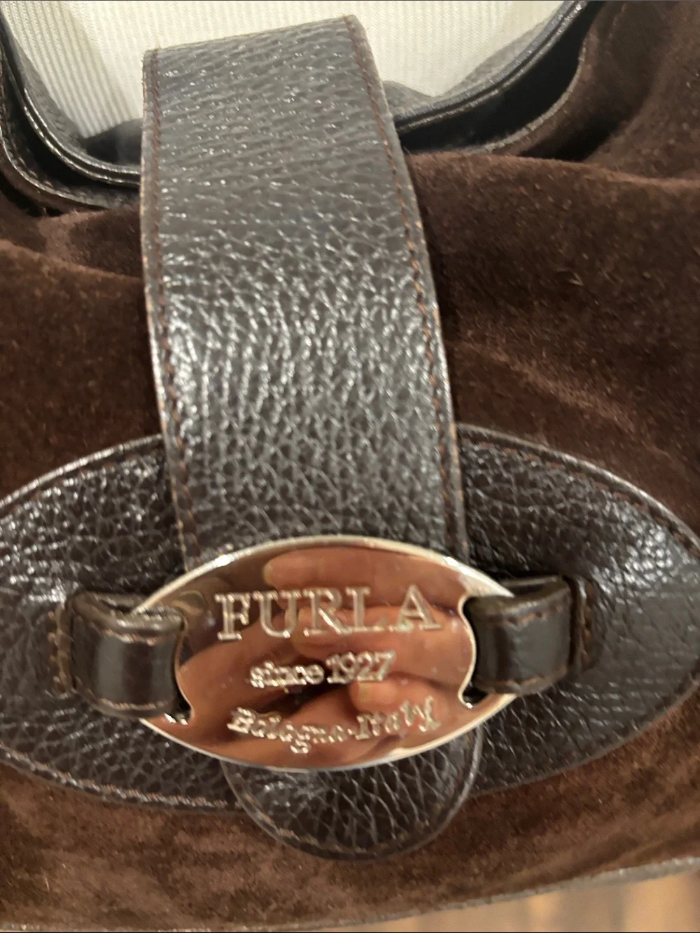 Furla Dark Brown Suede and Leather Hobo Shoulder Bag